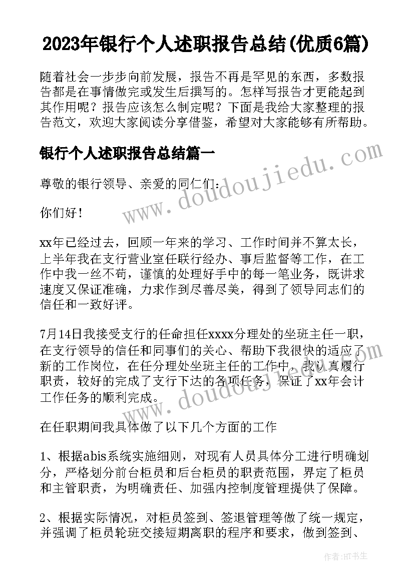 2023年银行个人述职报告总结(优质6篇)