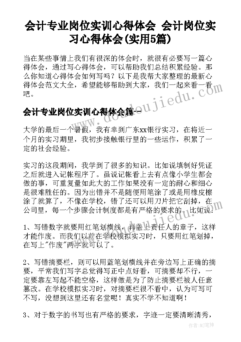 会计专业岗位实训心得体会 会计岗位实习心得体会(实用5篇)