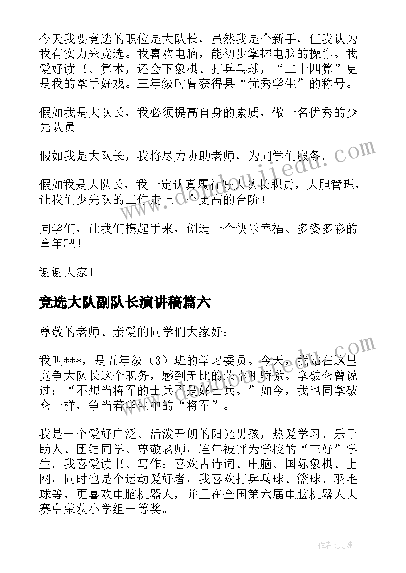 2023年竞选大队副队长演讲稿(模板7篇)