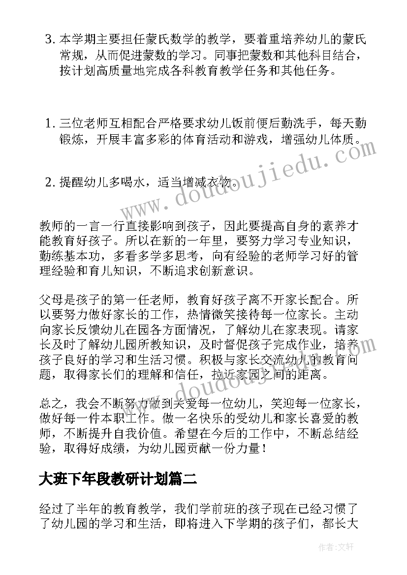 最新大班下年段教研计划 大班下学期学期工作计划(实用8篇)