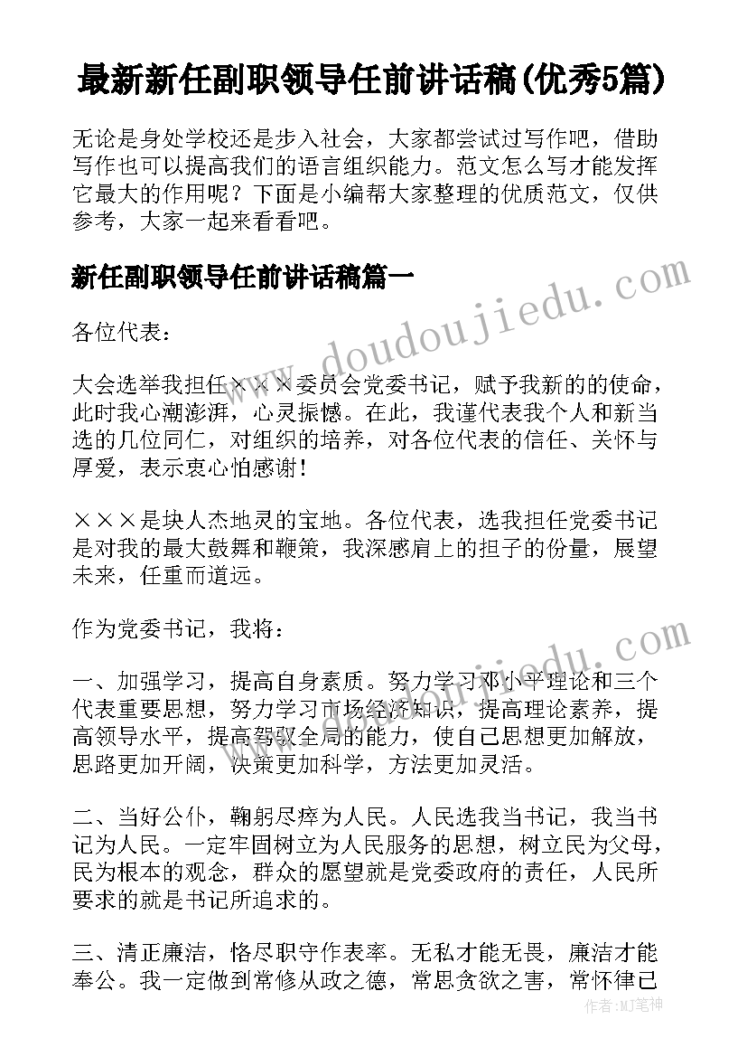 最新新任副职领导任前讲话稿(优秀5篇)