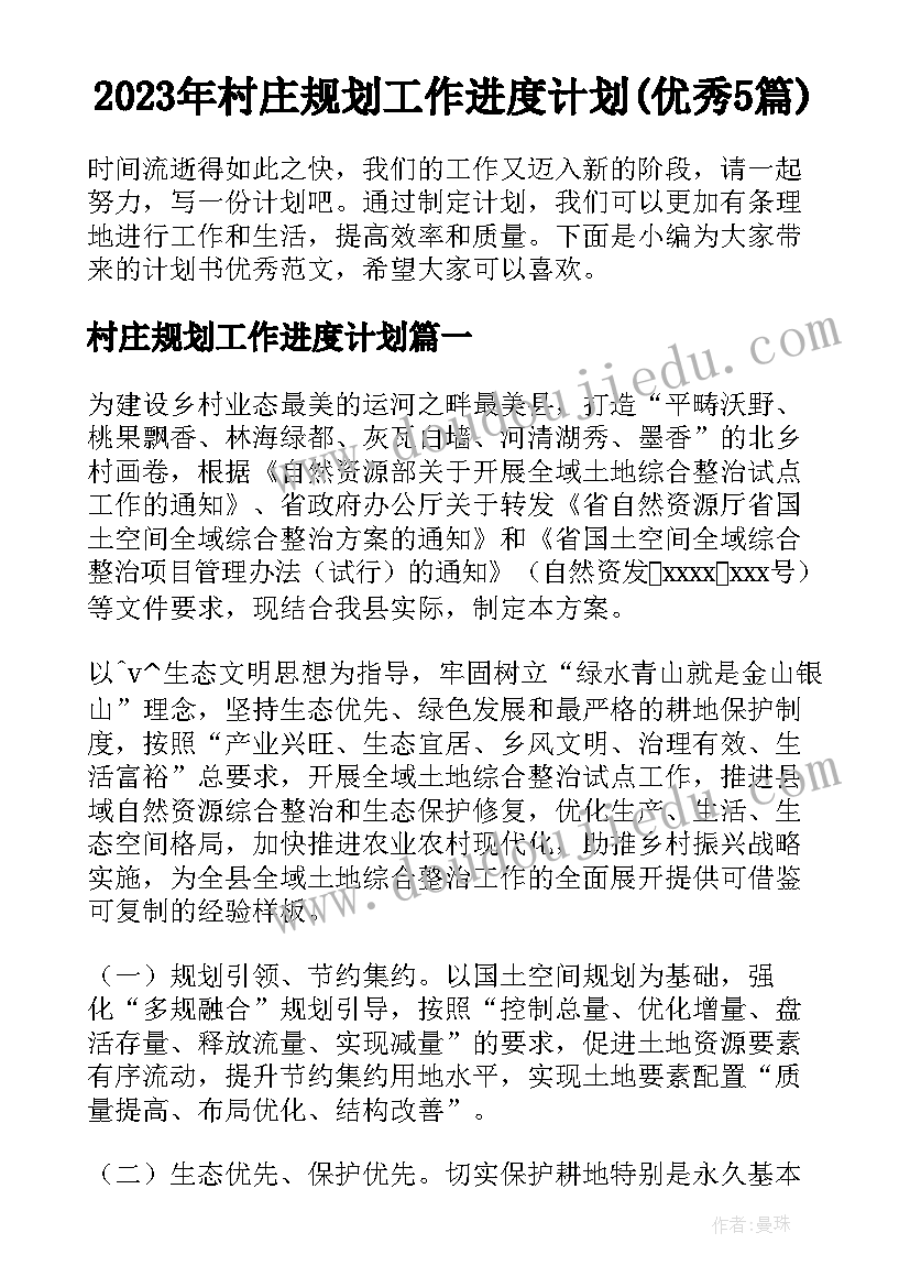 2023年村庄规划工作进度计划(优秀5篇)