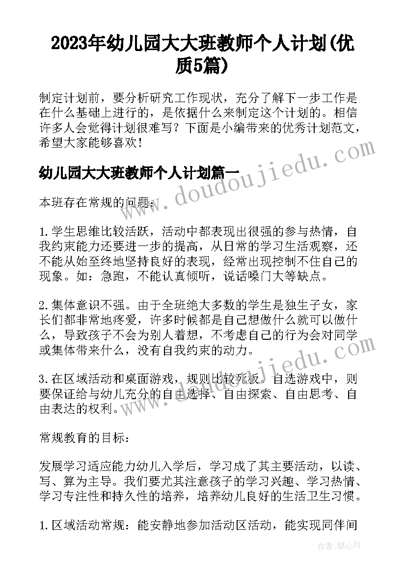 2023年幼儿园大大班教师个人计划(优质5篇)