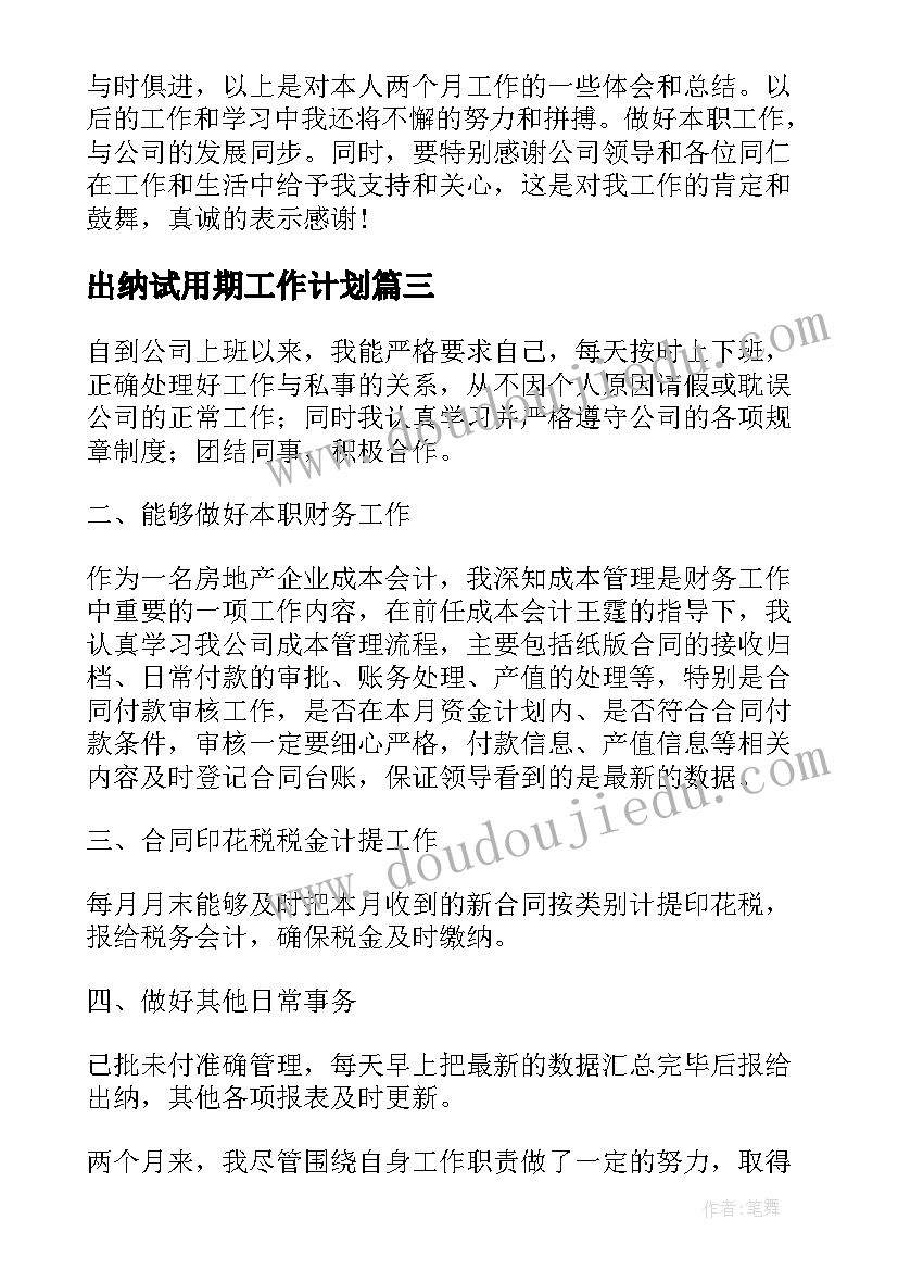 出纳试用期工作计划 出纳人员试用期转正工作总结(汇总5篇)