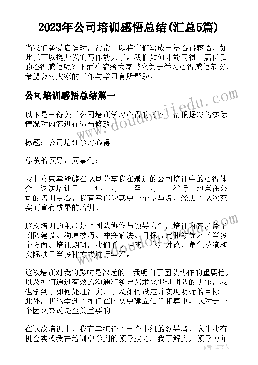 2023年公司培训感悟总结(汇总5篇)