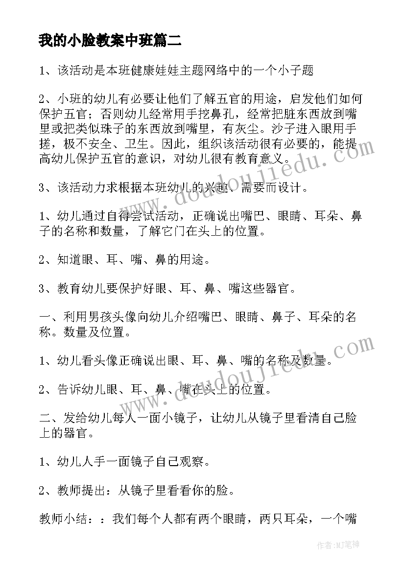 我的小脸教案中班(模板5篇)