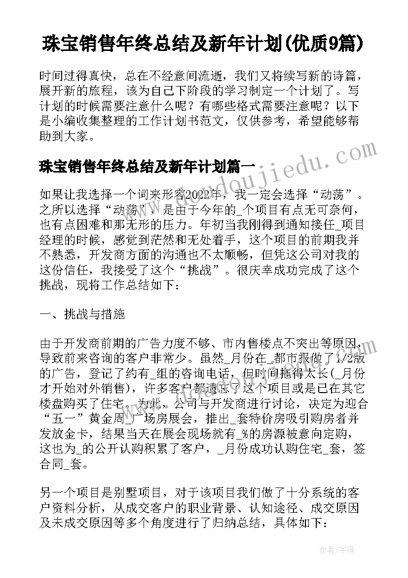 珠宝销售年终总结及新年计划(优质9篇)