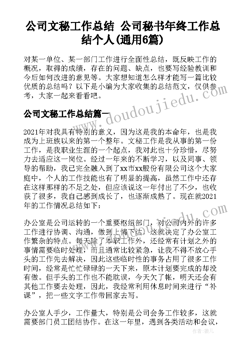 公司文秘工作总结 公司秘书年终工作总结个人(通用6篇)