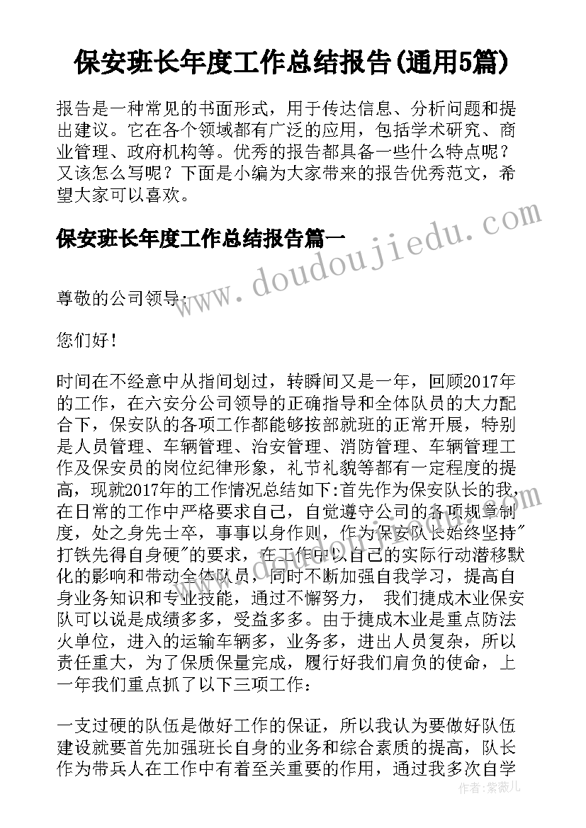 保安班长年度工作总结报告(通用5篇)