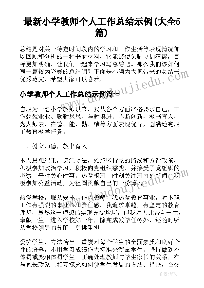 最新小学教师个人工作总结示例(大全5篇)