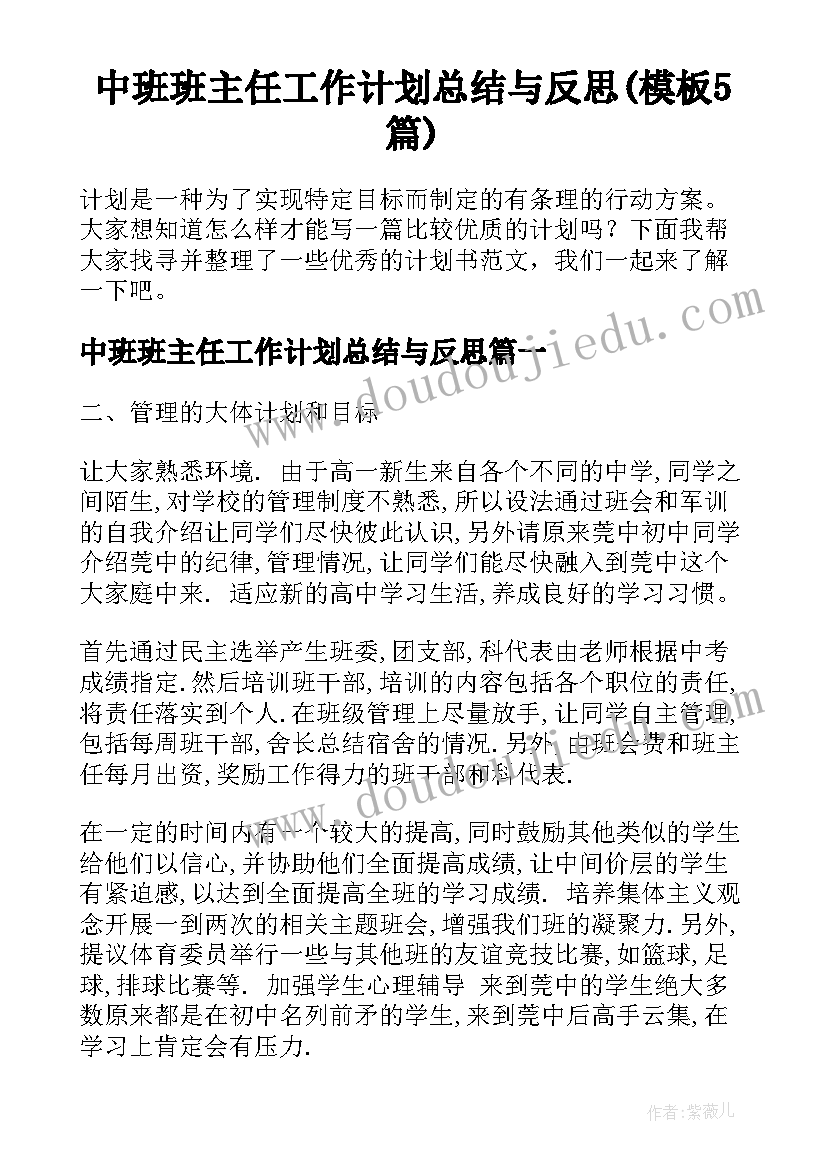 中班班主任工作计划总结与反思(模板5篇)