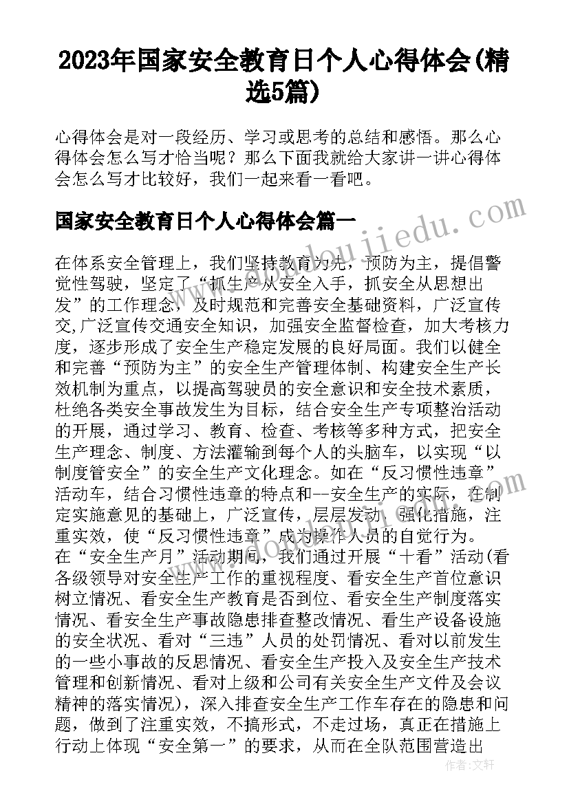 2023年国家安全教育日个人心得体会(精选5篇)