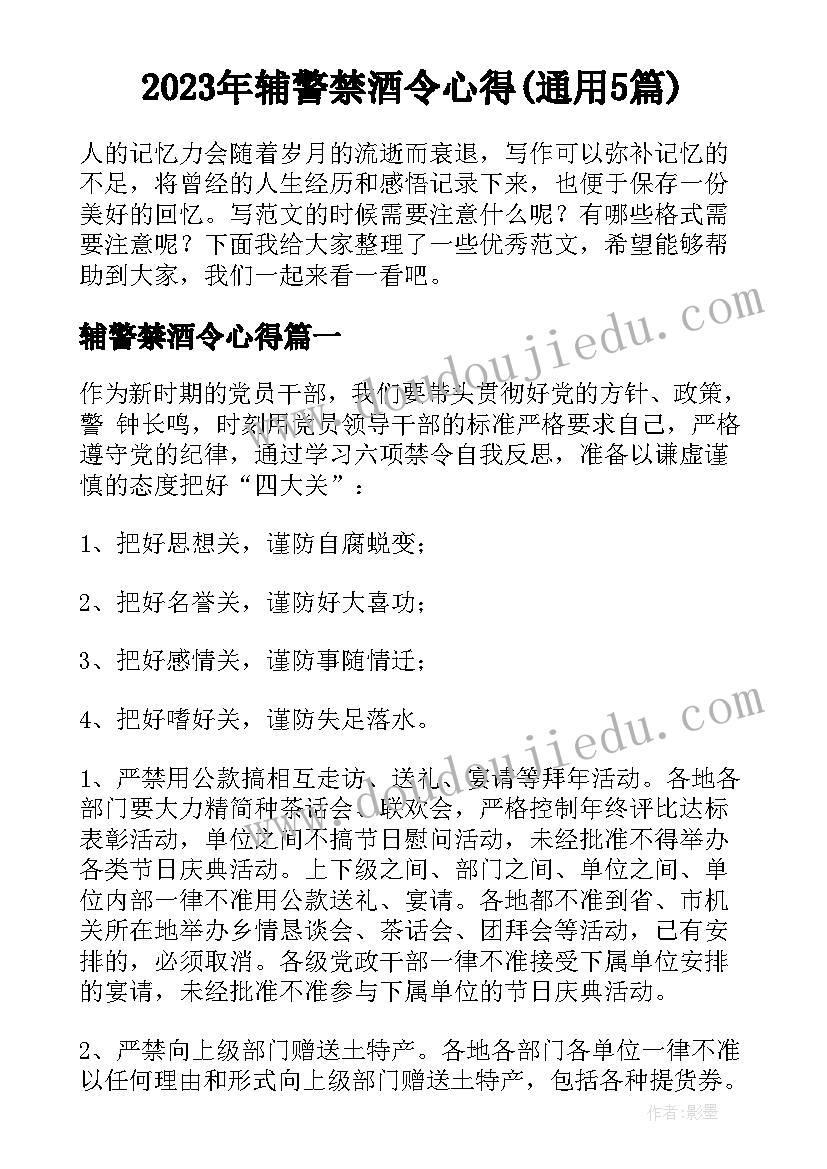 2023年辅警禁酒令心得(通用5篇)