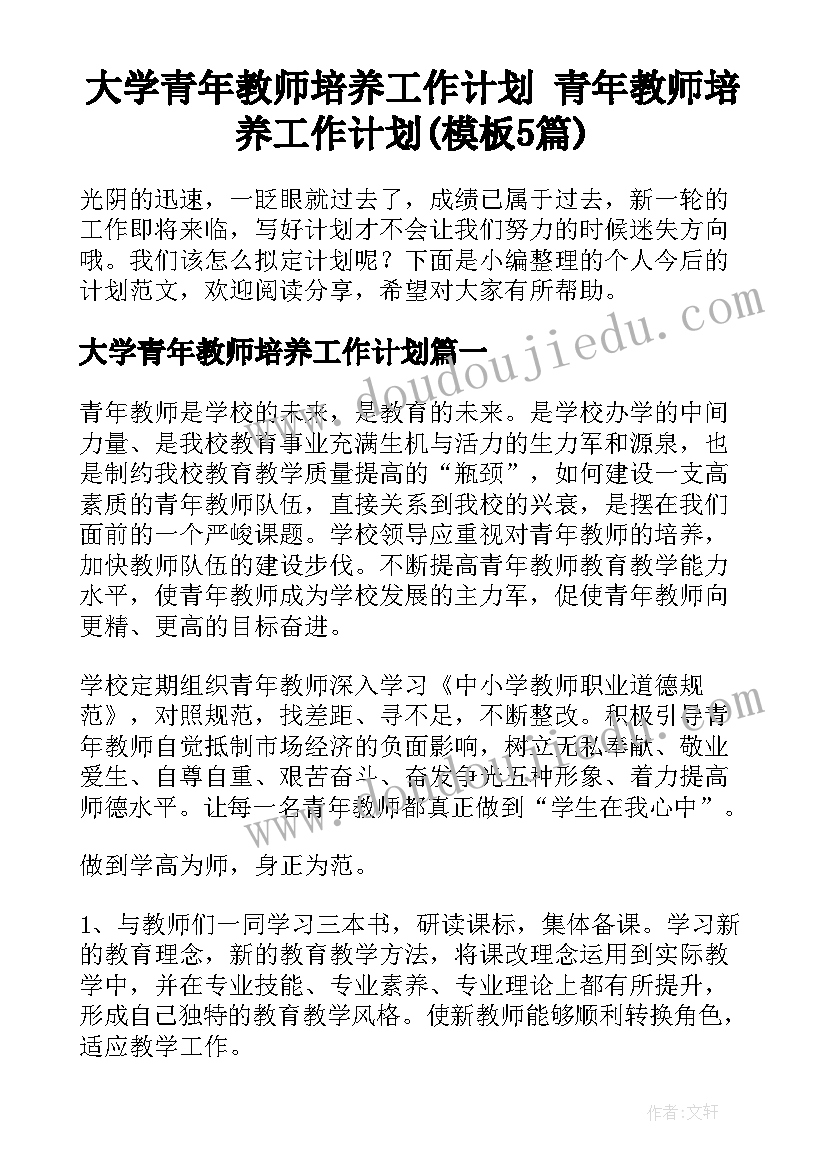 大学青年教师培养工作计划 青年教师培养工作计划(模板5篇)