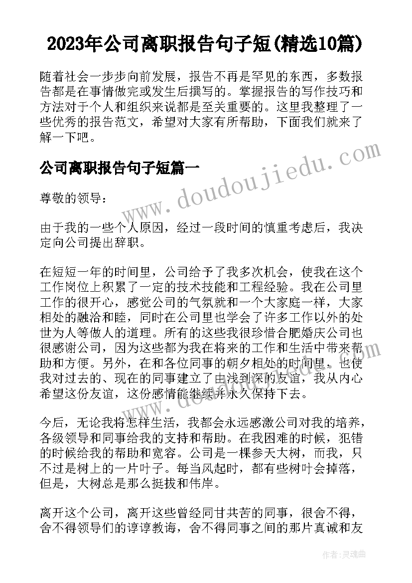 2023年公司离职报告句子短(精选10篇)