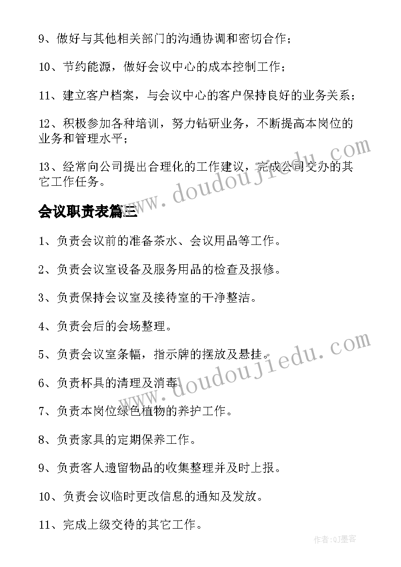 会议职责表 会议销售岗位职责(优秀9篇)