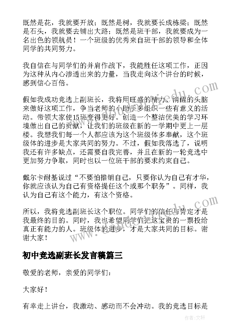 初中竞选副班长发言稿 初中副班长的竞选演讲稿(优质5篇)