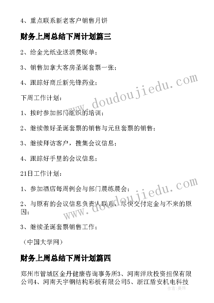 最新财务上周总结下周计划(模板5篇)