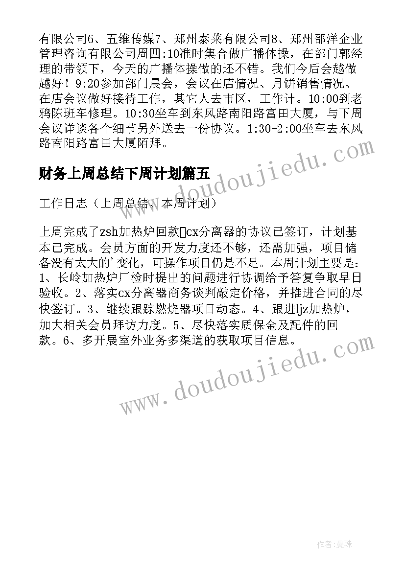 最新财务上周总结下周计划(模板5篇)