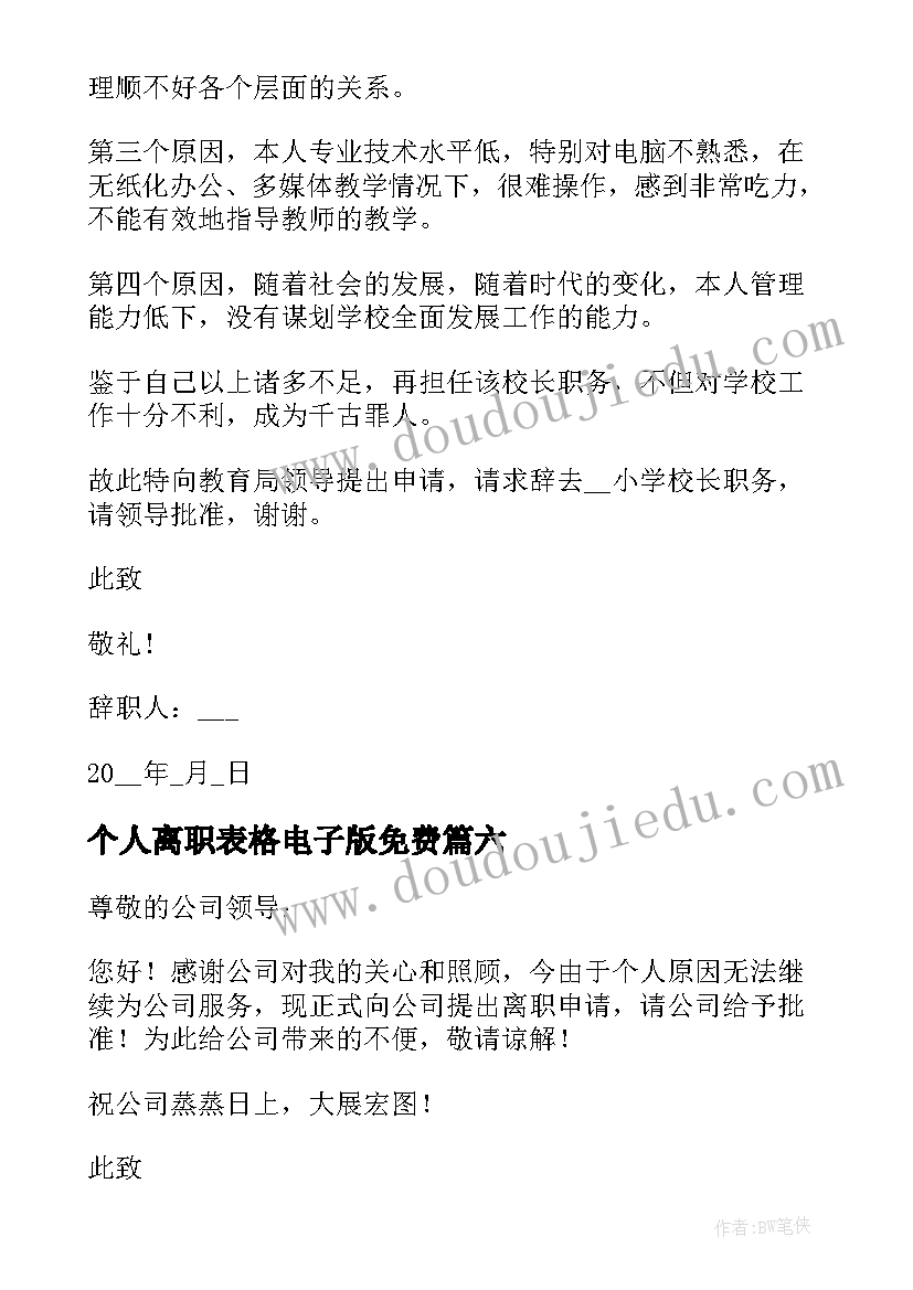 最新个人离职表格电子版免费 个人离职报告(模板9篇)