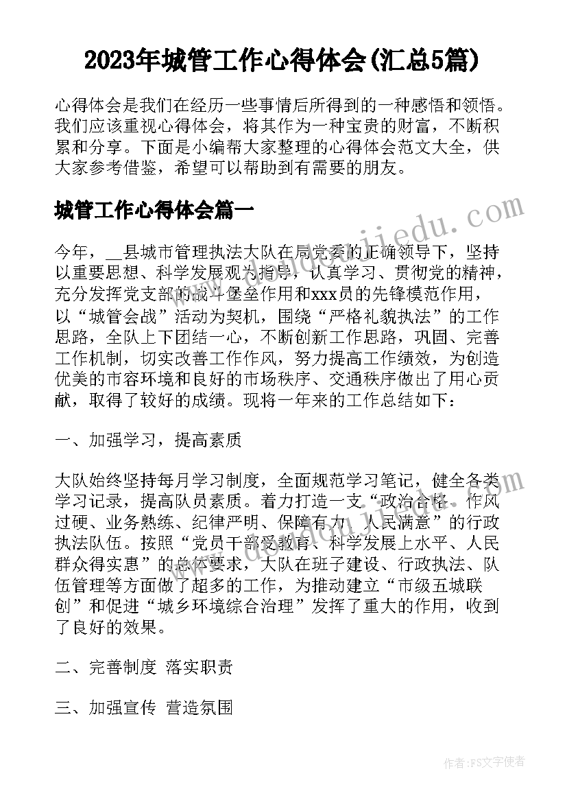 2023年城管工作心得体会(汇总5篇)