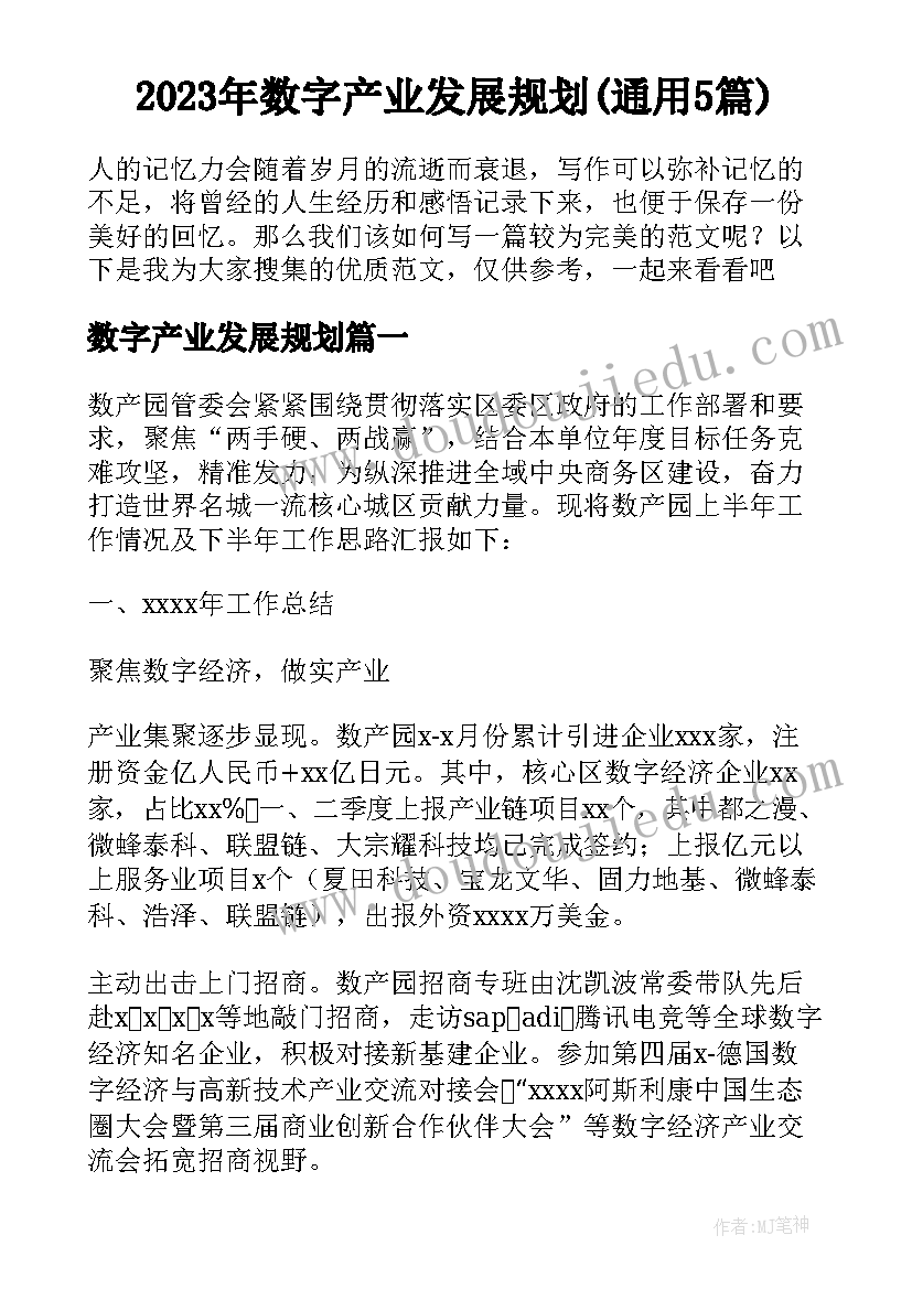 2023年数字产业发展规划(通用5篇)