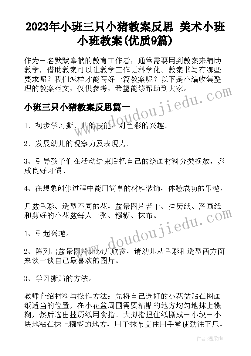 2023年小班三只小猪教案反思 美术小班小班教案(优质9篇)