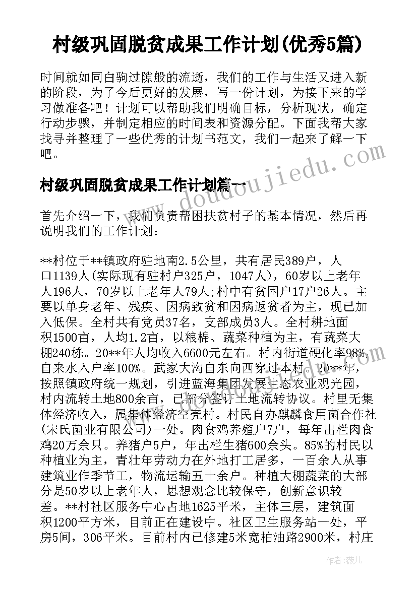 村级巩固脱贫成果工作计划(优秀5篇)