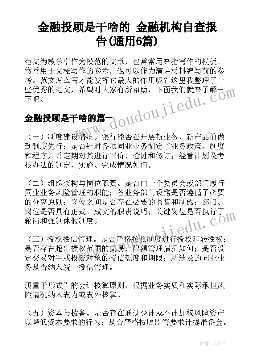 金融投顾是干啥的 金融机构自查报告(通用6篇)