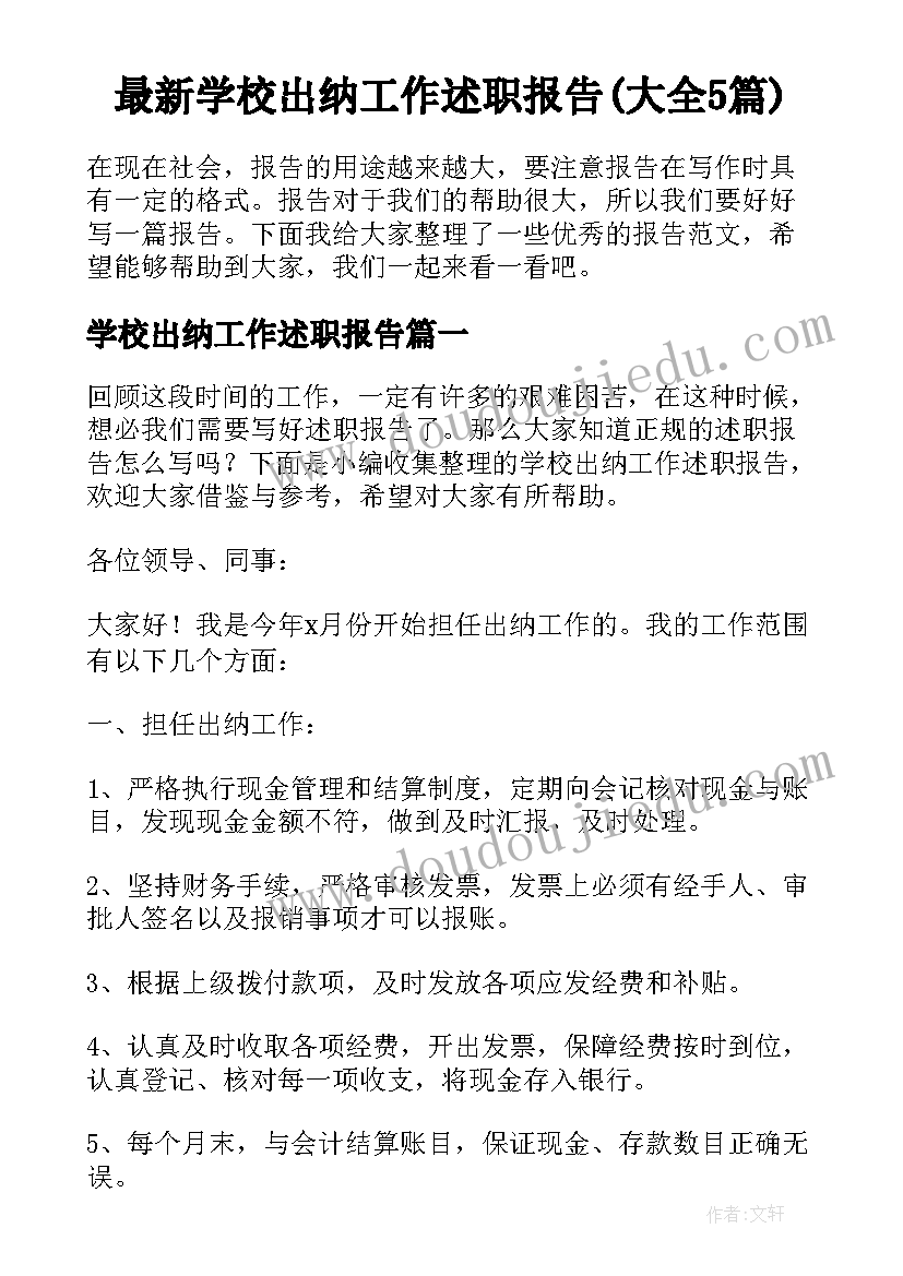 最新学校出纳工作述职报告(大全5篇)