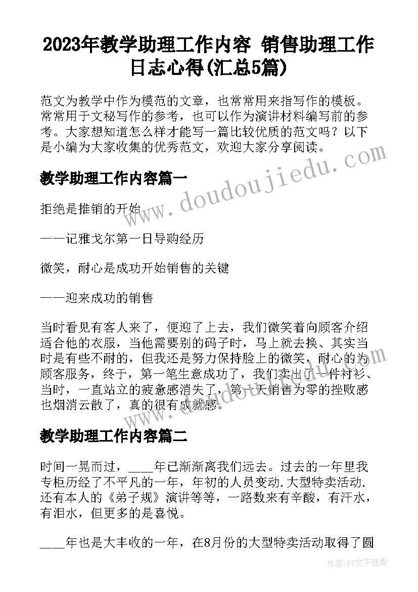 2023年教学助理工作内容 销售助理工作日志心得(汇总5篇)