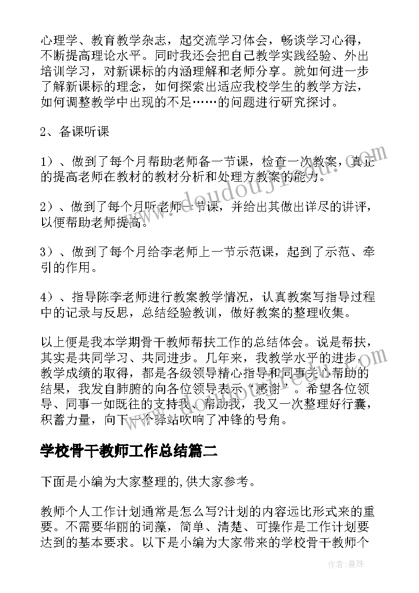 2023年学校骨干教师工作总结 学校骨干教师帮扶青年教师工作计划(大全5篇)