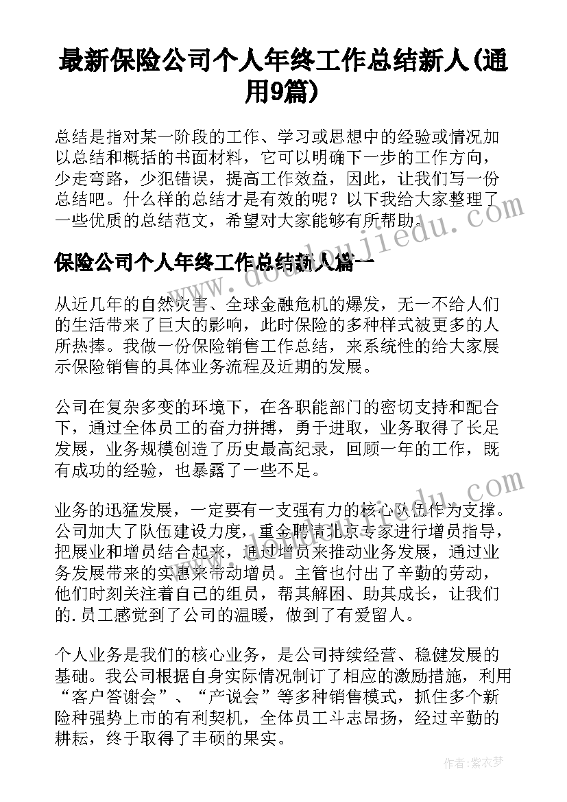 最新保险公司个人年终工作总结新人(通用9篇)