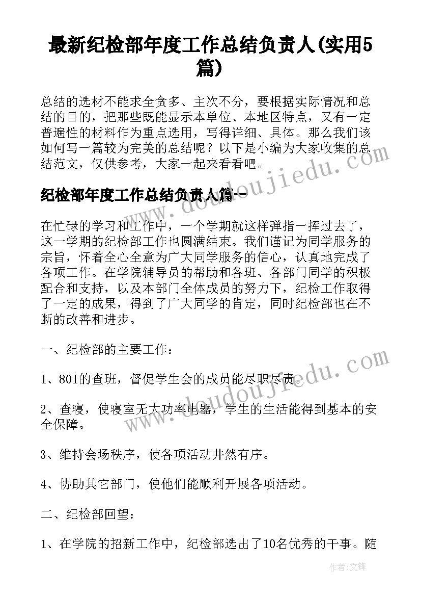 最新纪检部年度工作总结负责人(实用5篇)