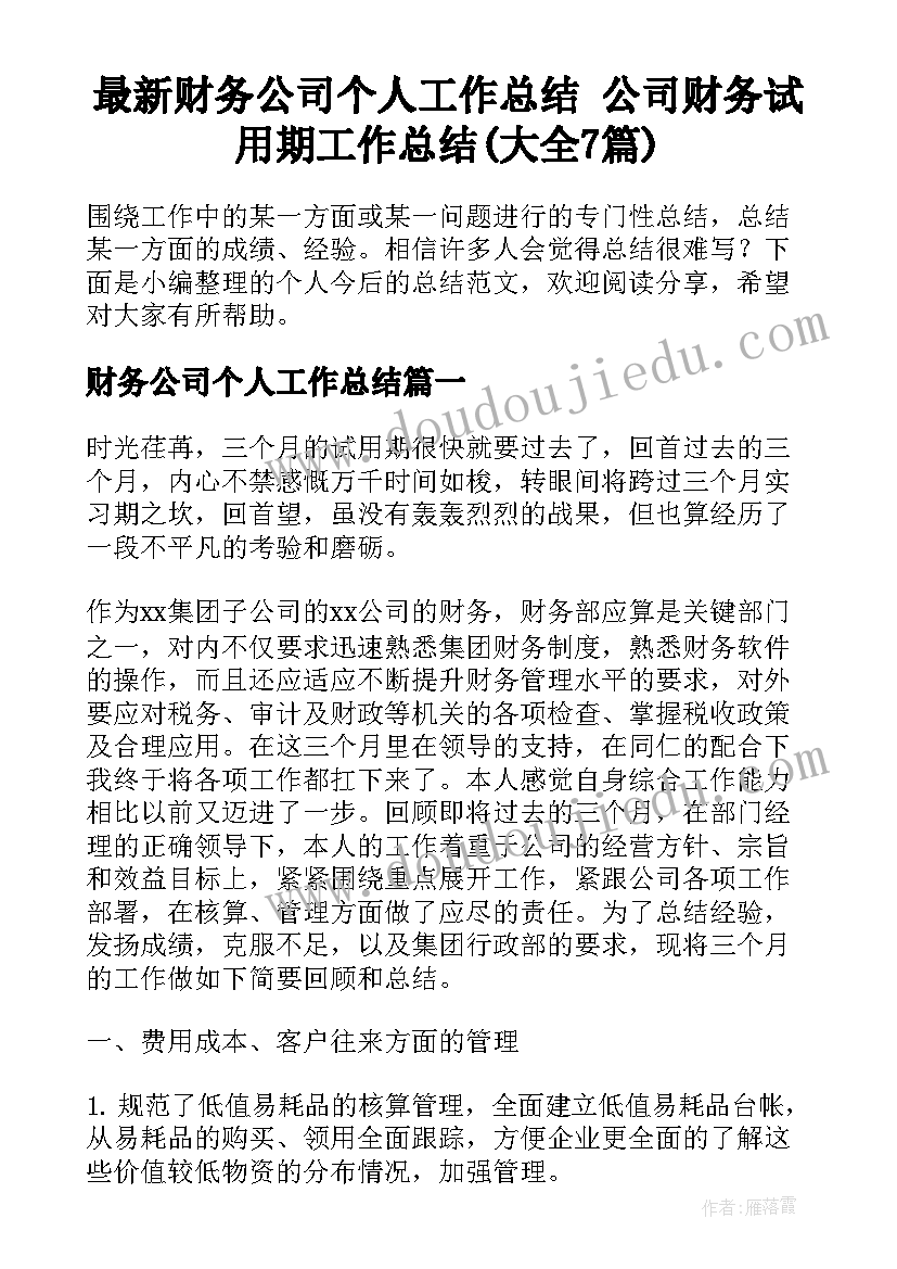 最新财务公司个人工作总结 公司财务试用期工作总结(大全7篇)