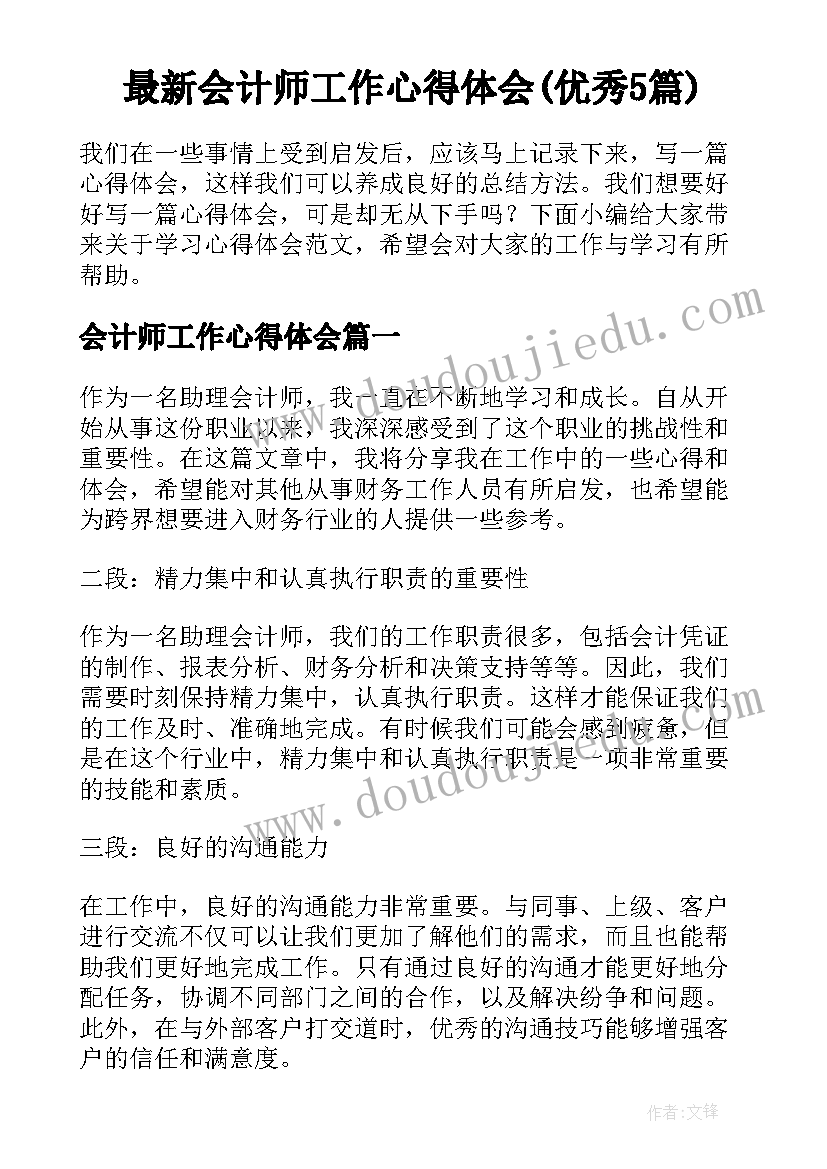 最新会计师工作心得体会(优秀5篇)