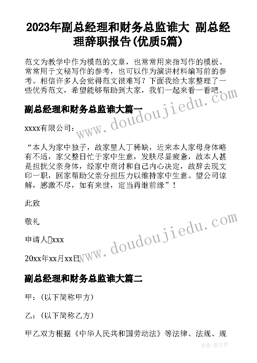 2023年副总经理和财务总监谁大 副总经理辞职报告(优质5篇)