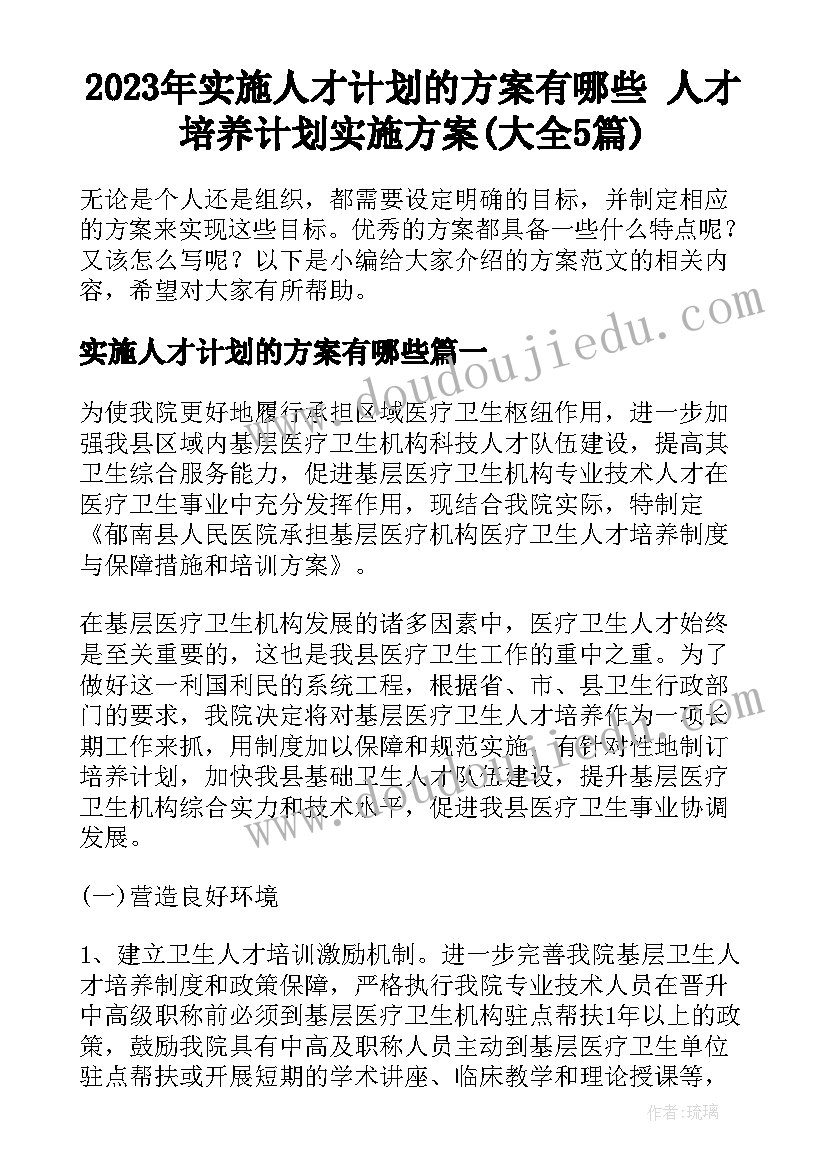 2023年实施人才计划的方案有哪些 人才培养计划实施方案(大全5篇)