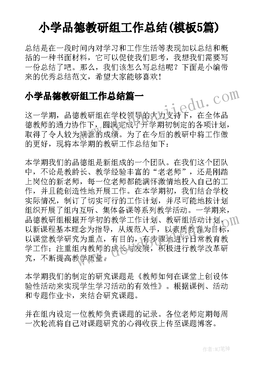 小学品德教研组工作总结(模板5篇)