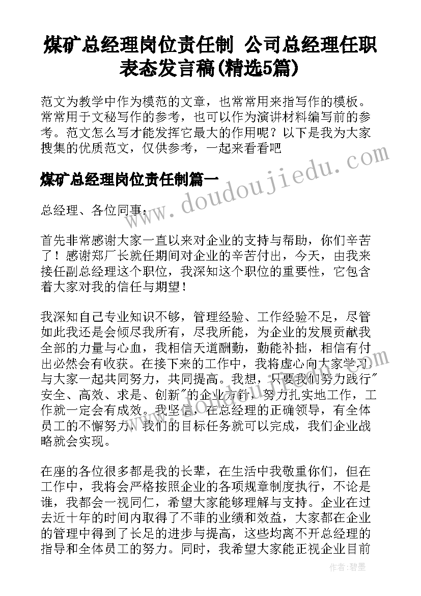 煤矿总经理岗位责任制 公司总经理任职表态发言稿(精选5篇)