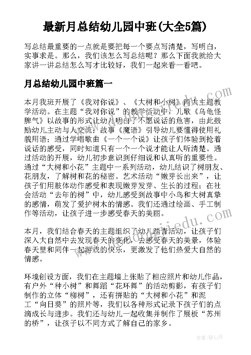 最新月总结幼儿园中班(大全5篇)