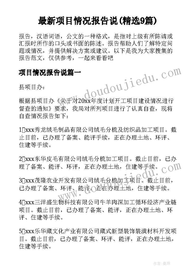 最新项目情况报告说(精选9篇)