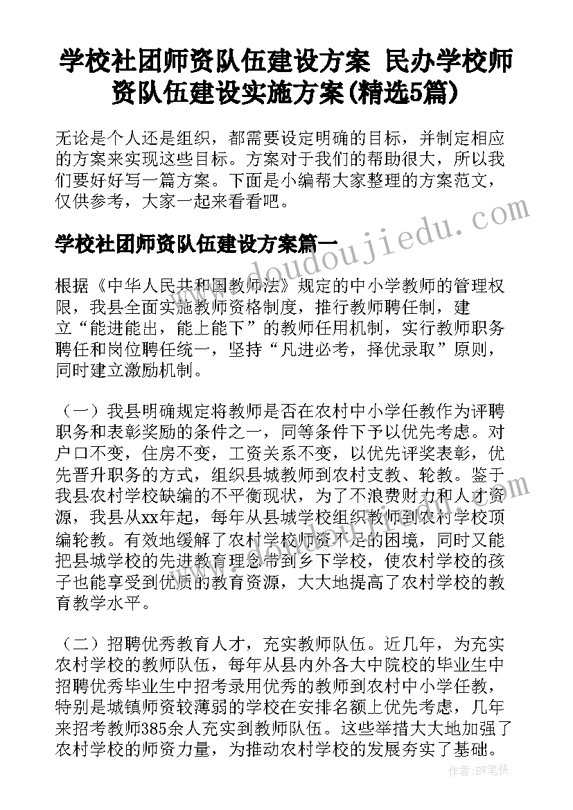 学校社团师资队伍建设方案 民办学校师资队伍建设实施方案(精选5篇)