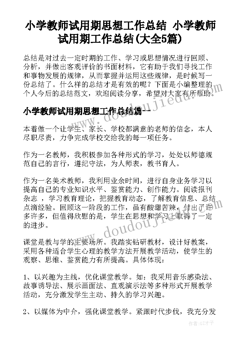 小学教师试用期思想工作总结 小学教师试用期工作总结(大全5篇)