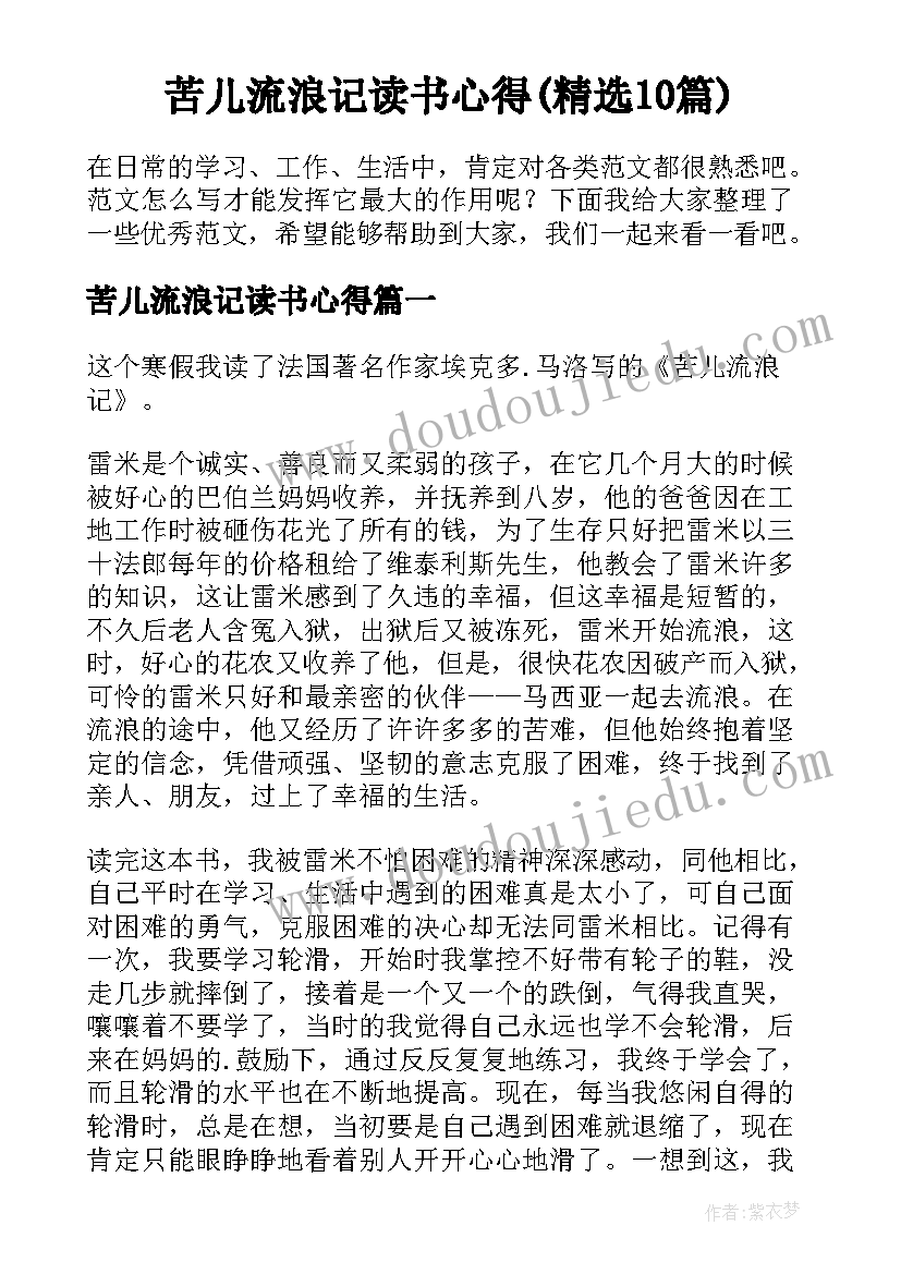 苦儿流浪记读书心得(精选10篇)