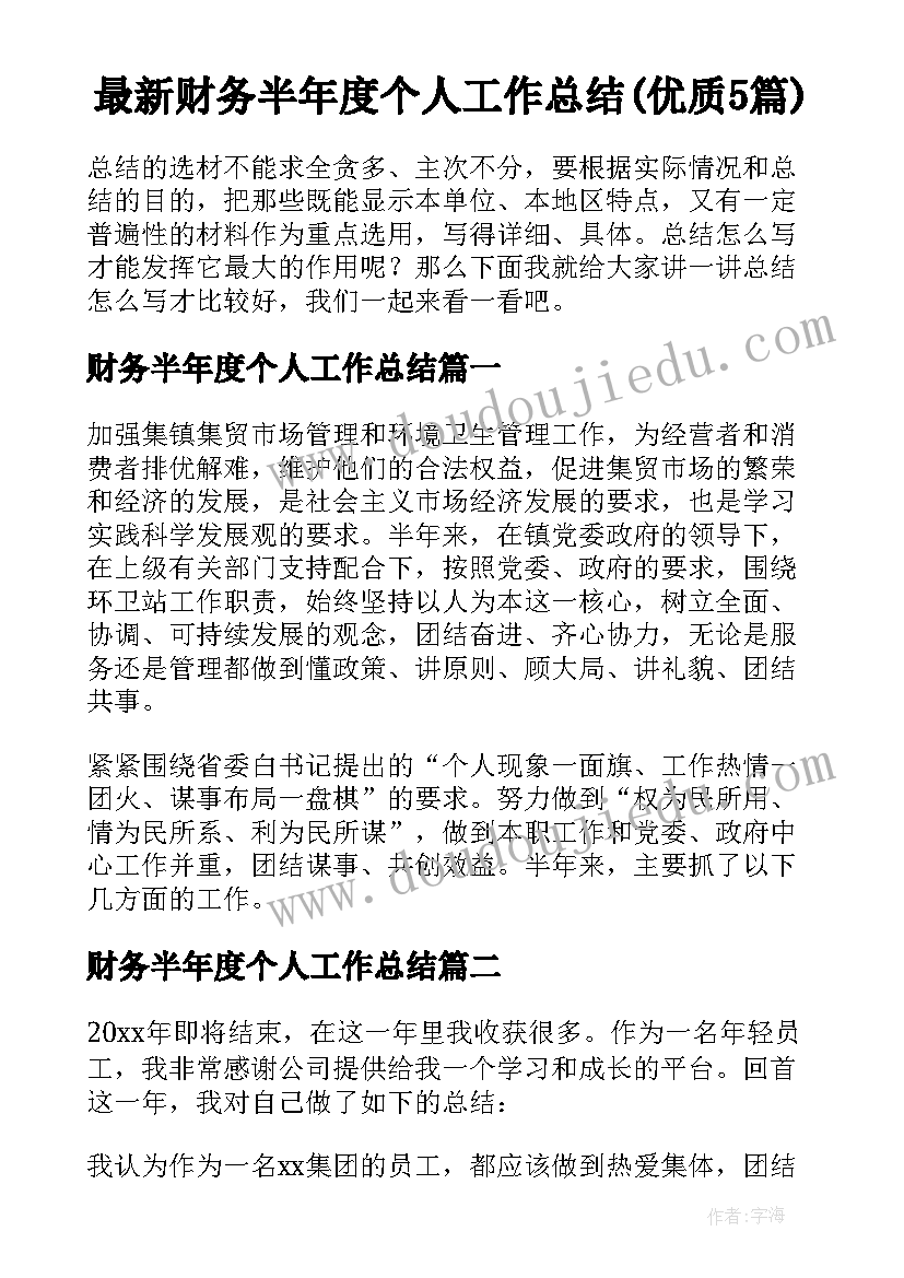 最新财务半年度个人工作总结(优质5篇)