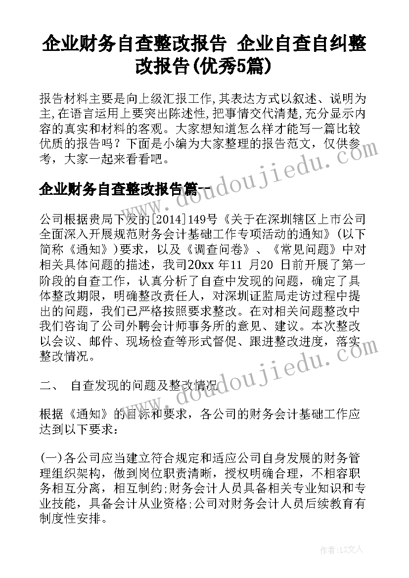 企业财务自查整改报告 企业自查自纠整改报告(优秀5篇)