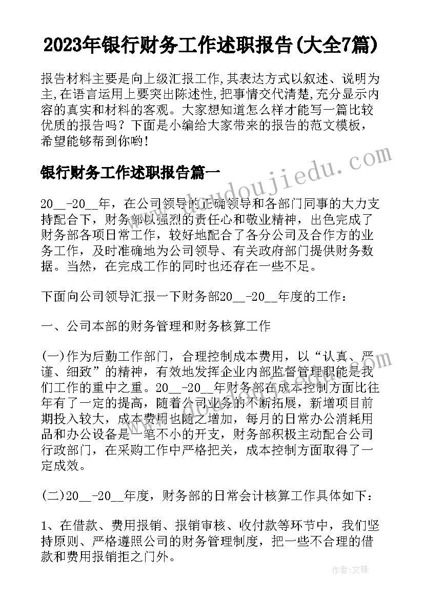 2023年银行财务工作述职报告(大全7篇)