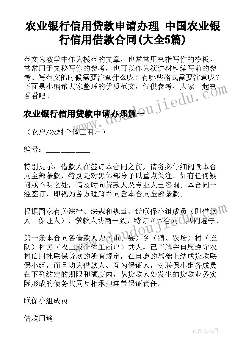 农业银行信用贷款申请办理 中国农业银行信用借款合同(大全5篇)