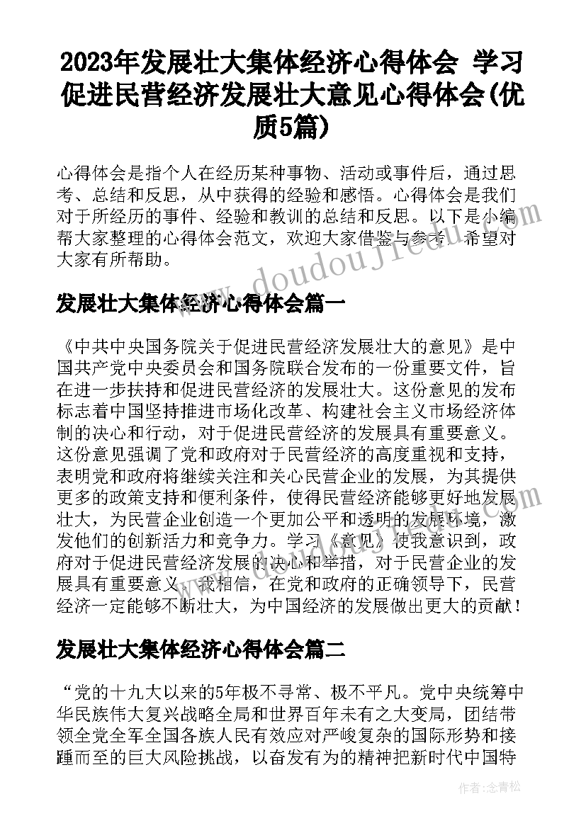 2023年发展壮大集体经济心得体会 学习促进民营经济发展壮大意见心得体会(优质5篇)